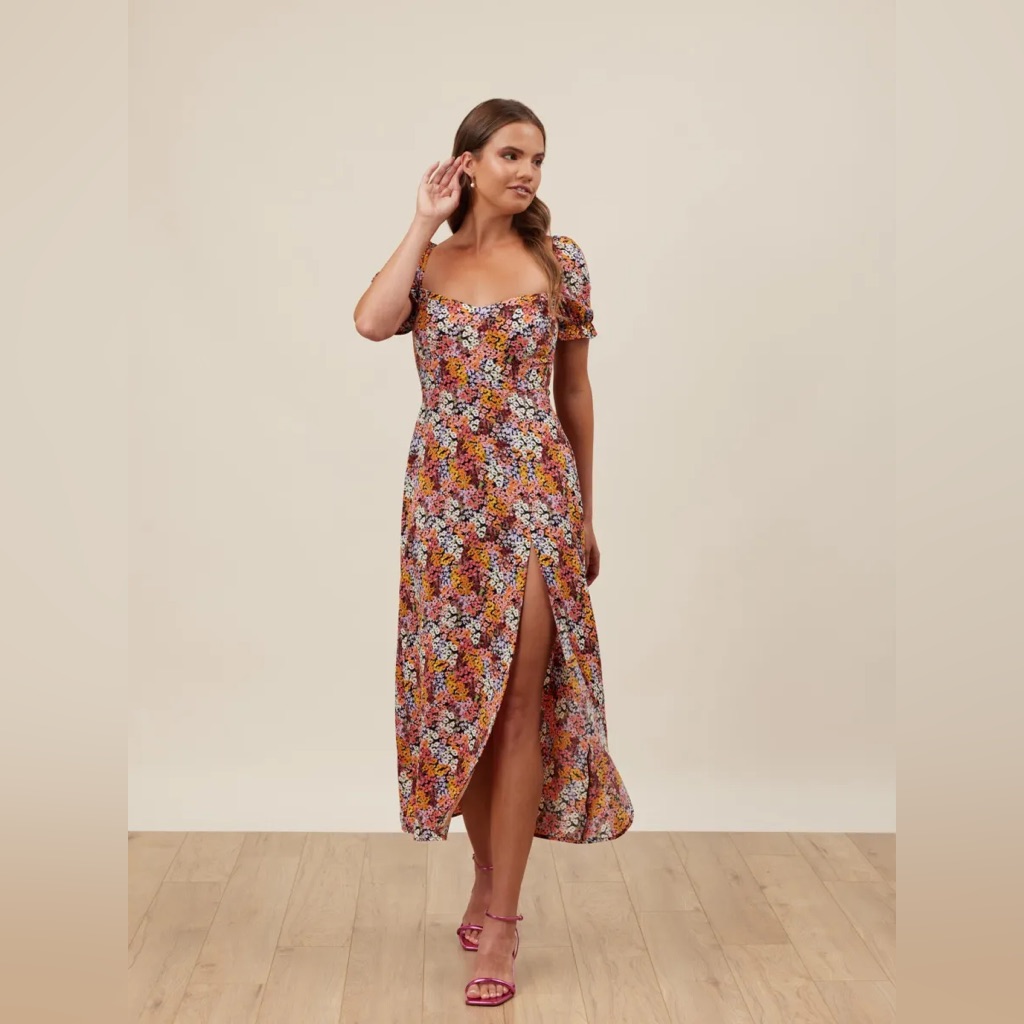 Park & Fifth Orange Pink Floral Puff-Sleeve Midi Dress